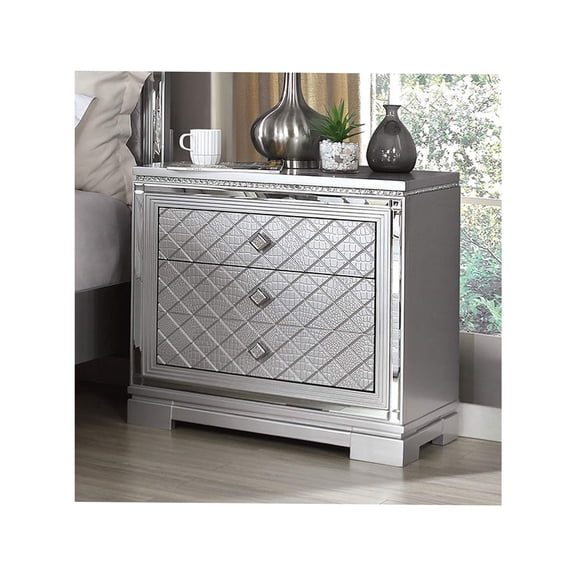 JERFIT Modern Nightstand with USB Charger, Hidden Jewelry Organizer Drawer, 3-Drawer Bedside Table in Silver Finish for Bedroom