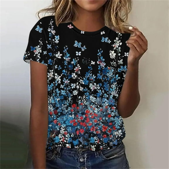 ALLLIST Short Sleeve Tops for Women Crew Neck T Shirts Floral Pullover Tops for Ladies