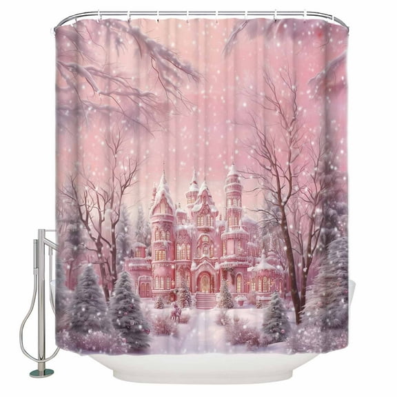 Extra Long Shower Curtain 72x84 Inch, Pink Christmas Shower Curtain Waterproof Bathroom Decor Pink Town Snowflake Xmas Tree Fabric Bath Curtain Set Accessories with Hooks