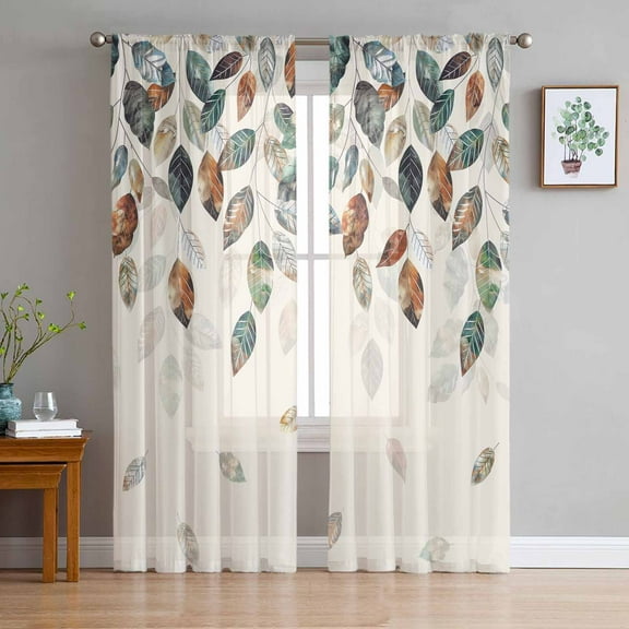 Teal Brown Botanical Sheer Curtains 63 Inches Length 2 Panels Set, Window Sheer Curtains for Living Room/Bedroom, Pastoral Fall Weeping Maple Leaf Light Filtering Rod Pocket Curtain 52'' x 63'' x 2
