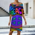 thumbnail image 2 of Peace And Love Flowers And Stars Hippie Design Women's Off The Shoulder Ruffles Summer Wedding Guest Loose Casual Party Beach Dress, 2 of 9