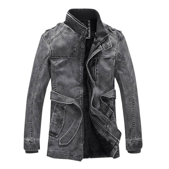 ohmzyzo Men's Vintage PU Leather Jackets Stand Collar Full Zip Windproof Coats Slim Fit Winter Thermal Outerwear Casual Solid Color Tops L