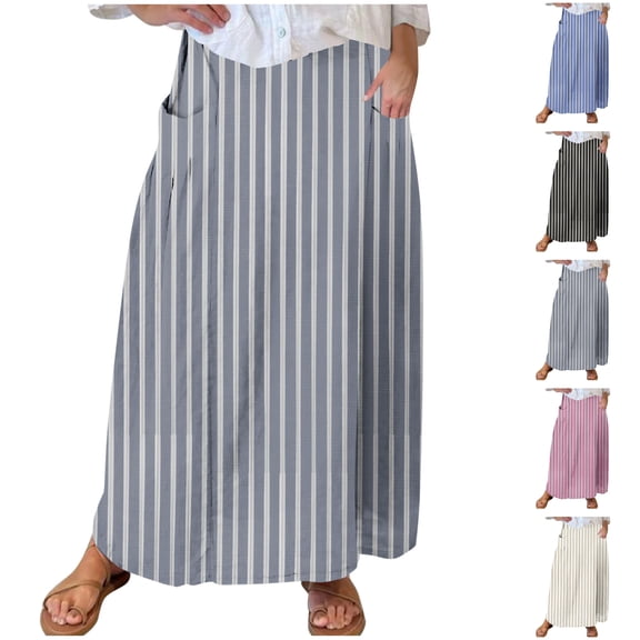 LIBRCLO Skirts for Women Maxi Length Stripes Printed Elastic Waistband Pleated Skirts with Pocket Summer Casual Clothes