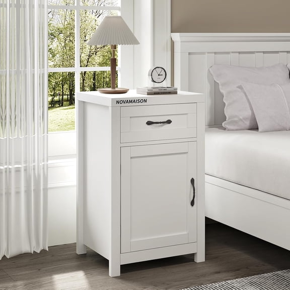 JessieMalWhite Nightstand with Drawer, Farmhouse End Table with Storage Cabinet and Adjustable Shelf, 30" Tall Bedside Table Rustic Wood Sofa Side Table for Living Room, Bedroom