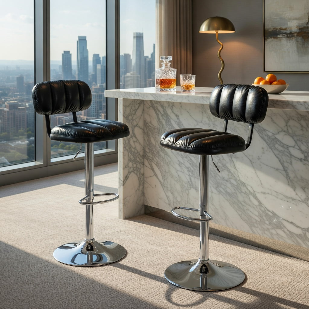 Hommoo 2-Pack Adjustable Bar Stools PU Leather with Chrome Base & Footrest, Height-Adjustable Modern Kitchen Island Stools for Home Bar, Game Room & Office Break Area, Black