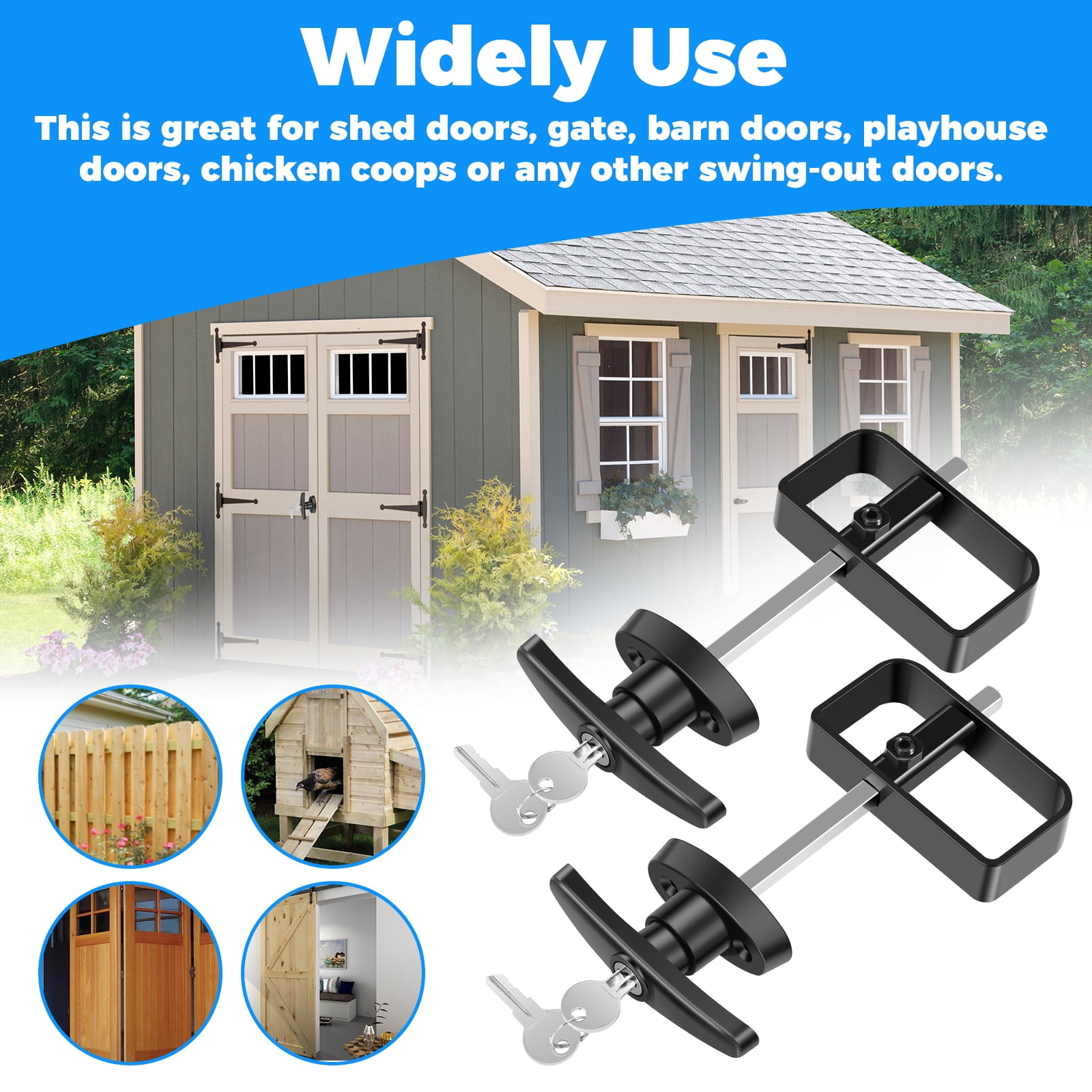 2Pcs Shed Door Latch T Handle Lock Kit with 4 Keys and 4 Screws 5-1/2inch Stem Shed Door Handle Lock Zinc Alloy Shed Door Hardware Easy to Install for Shed Gate Barn Playhouse