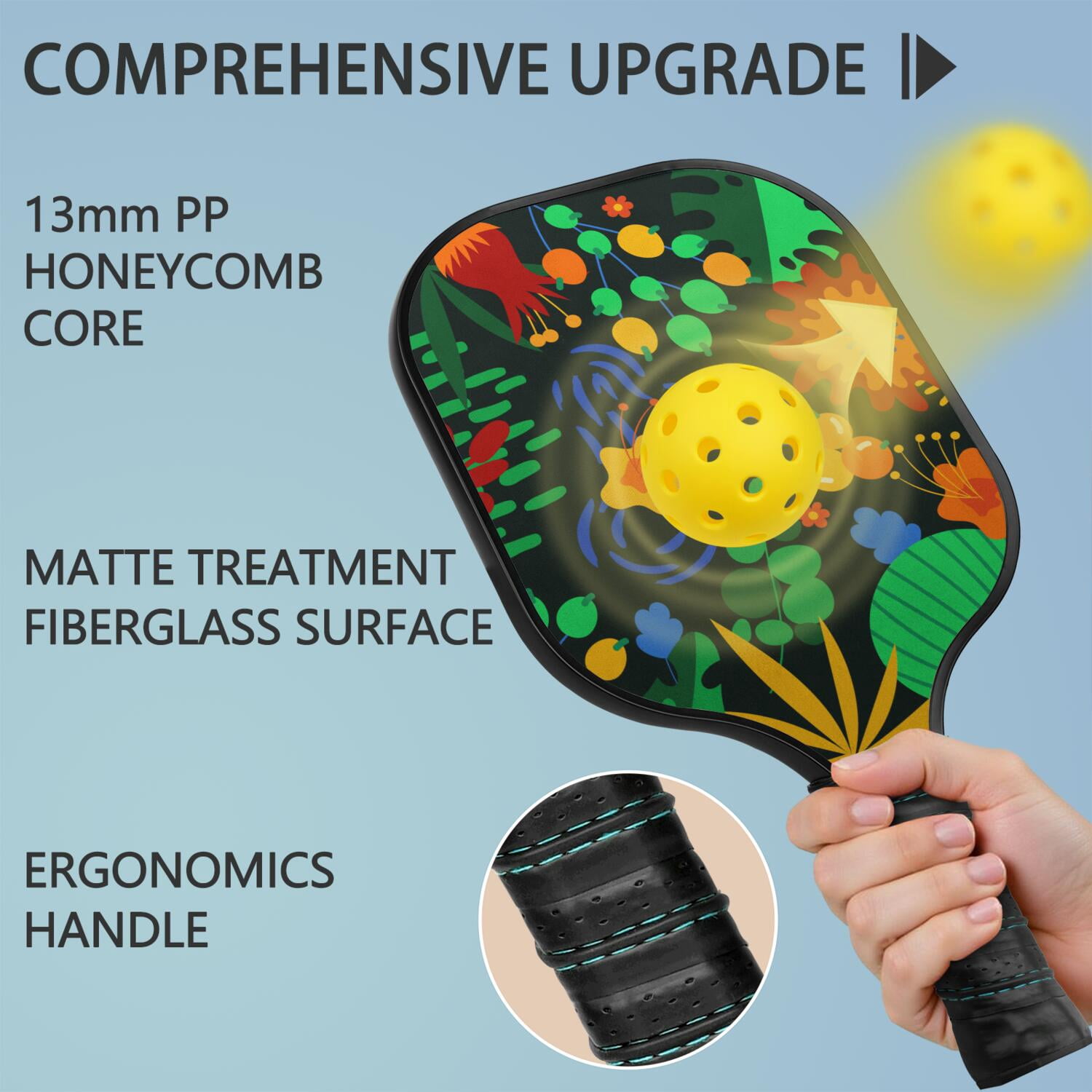 Pickleball Paddles Set Of 2, Fiberglass Surface, Vintage Floral Print, 4 Balls & Bag