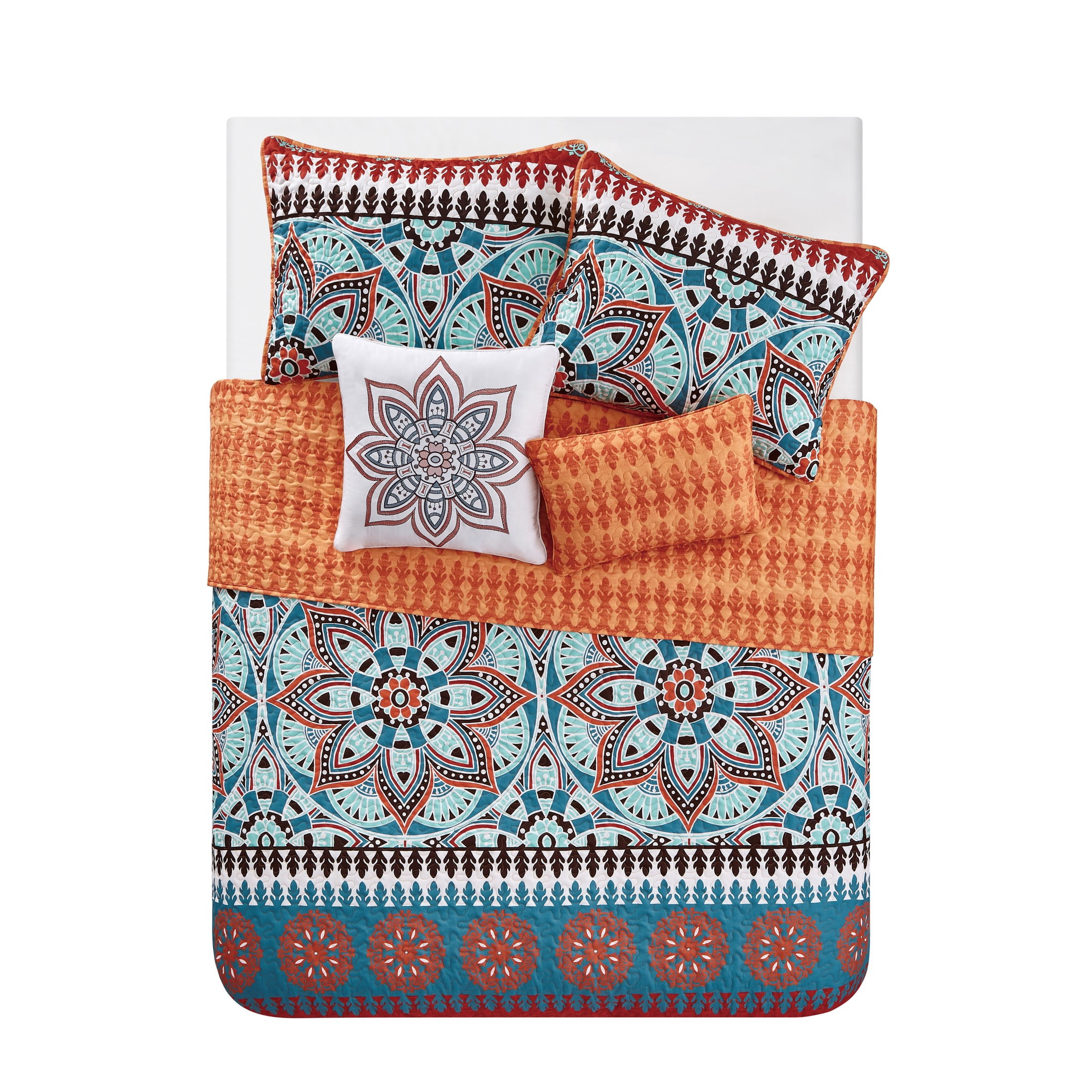 VCNY Home Ezra 5-Piece Orange Medallion Reversible Quilt Set, Full/Queen
