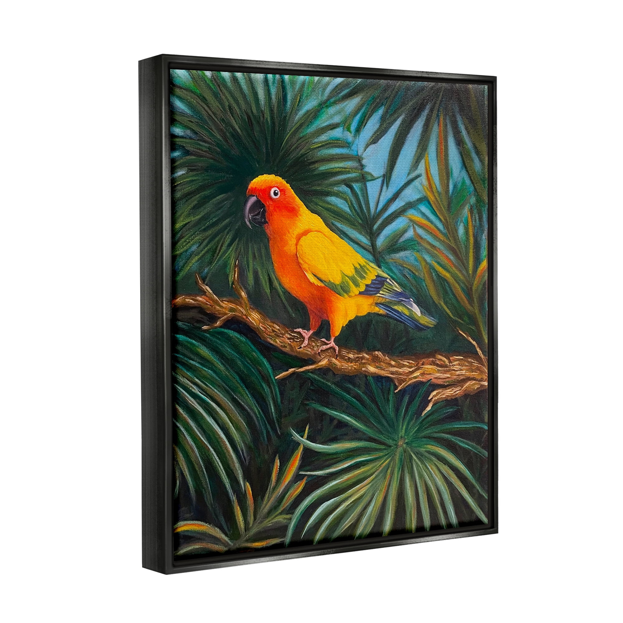 Stupell Industries Parrot in Tropical Trees Animals & Insects Painting Black Floater Framed Canvas Art Print Wall Art, 25 x 31