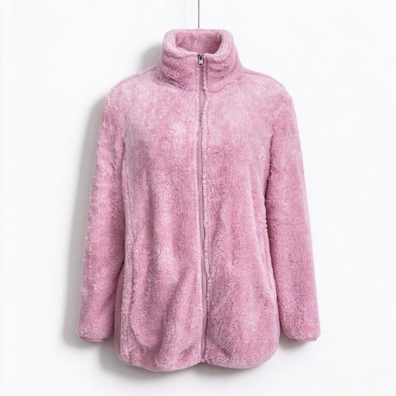 Qeils Women's Stand Collar Polar Fleece Full Zip Jacket, Soft Warm Casual Outerwear, Pink