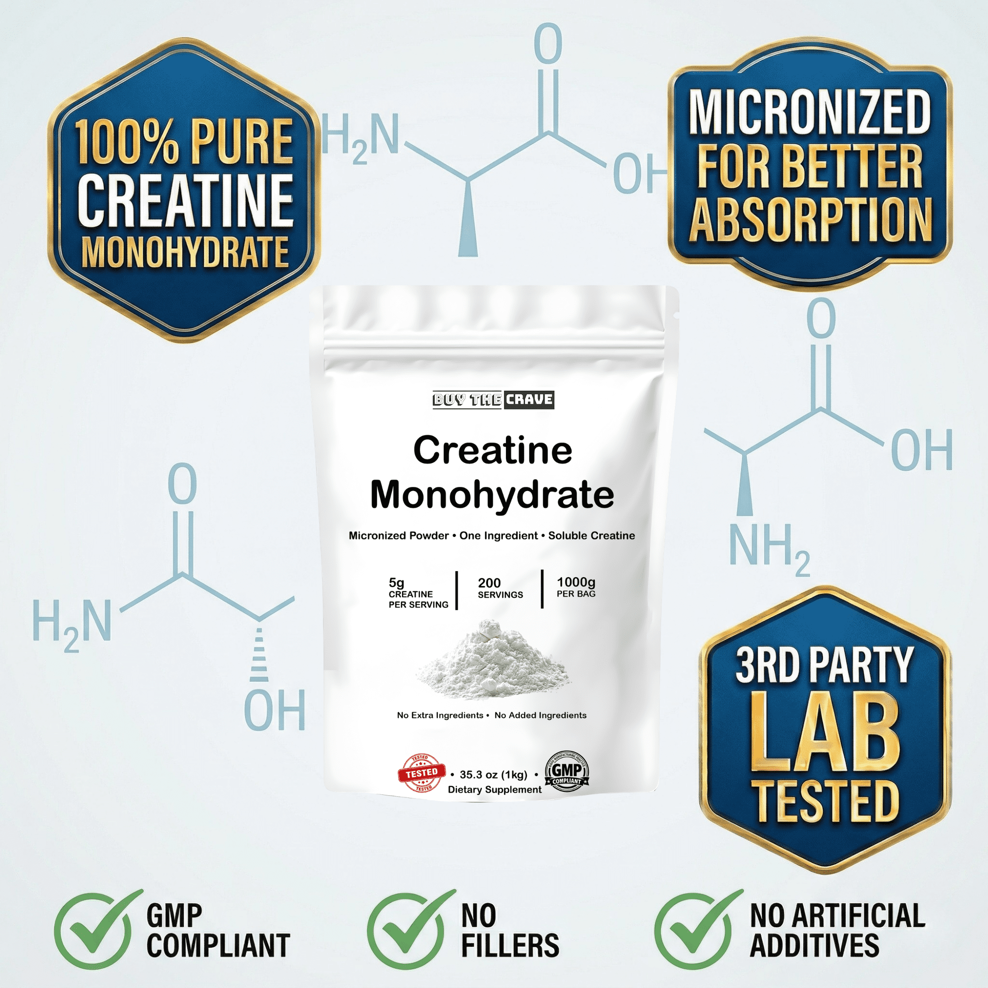 Ultra-Pure Micronized Creatine Monohydrate Powder - Maximize Strength, Power, and Muscle Growth - Unflavored, Gluten-Free (200 Servings, 1000g)