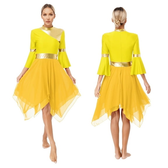 Womens Contrast Color Patchwork Liturgical Praise Dress Mock Neck 3/4 Flare Sleeve Asymmetrical Hem Dance Dresses