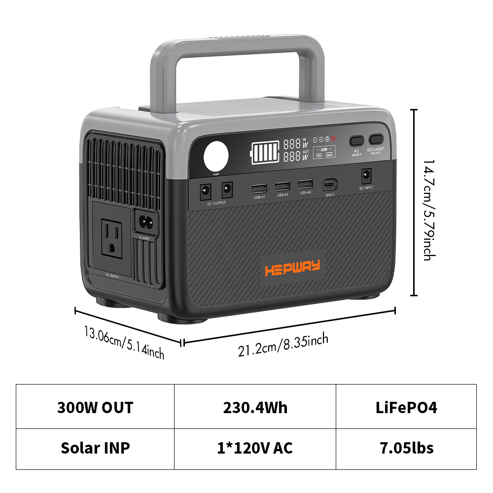 Hepway H30 Portable Power Station,300W Solar Generator,288Wh  LiFePO4 Battery,2 AC 120V Outlets,PD 100W USB-C Output w/ LED, 90000mah Power Bank for Hurricane Emergency Outdoor Camping RVs Home Use