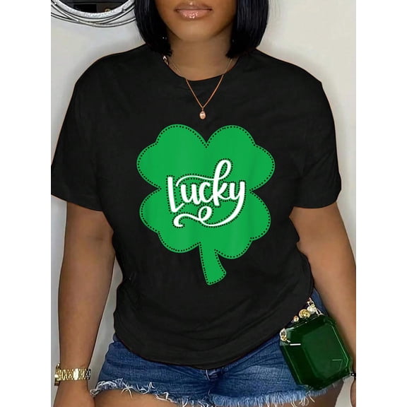 100% Cotton LUCKY Shamrock 4 Leaf Clover - St. Patrick's Day Design T-Shirt Print Round Neck Cotton T-Shirt, Summer Women's Tops, gift