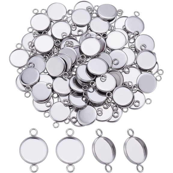 100pcs 12mm Stainless Steel Cabochon Connectors Settings Pendant Cabochons Trays Bezel Trays Round Cabochon Links for Jewelry Making 19.5x14x2mm Hole 2mm