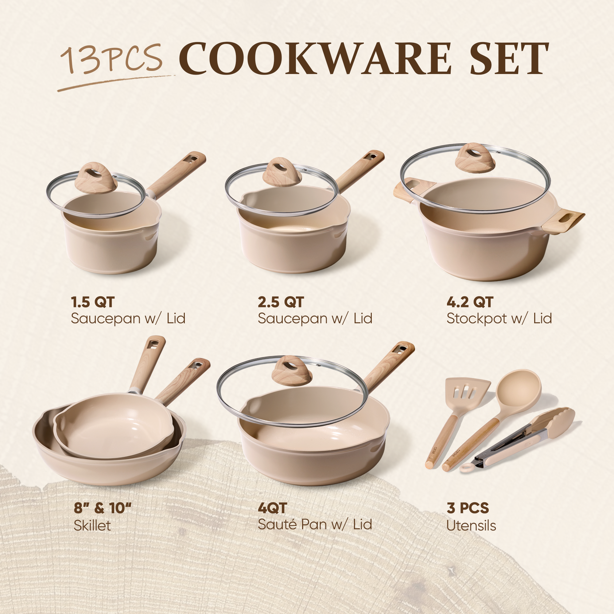 Carote 13-Piece Ceramic Nonstick Cookware Set, Taupe photo 2