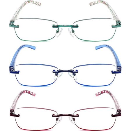 JJWELL 3 Pack Blue Light Blocking Reading Glasses for Women, Anti Eyestrain/Computer Glare UV 400 Filter Readers with Spring Hinge, Lightweight Rimless Tinted Metal Blue Rays Eyeglasses (3.00)