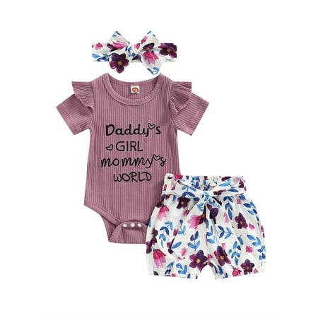 

aturustex 3 Pcs Baby Girl Newborn Summer Outfit Letter Print Fly Sleeve Round Neck Jumpsuit + Flower Print Shorts + Headband
