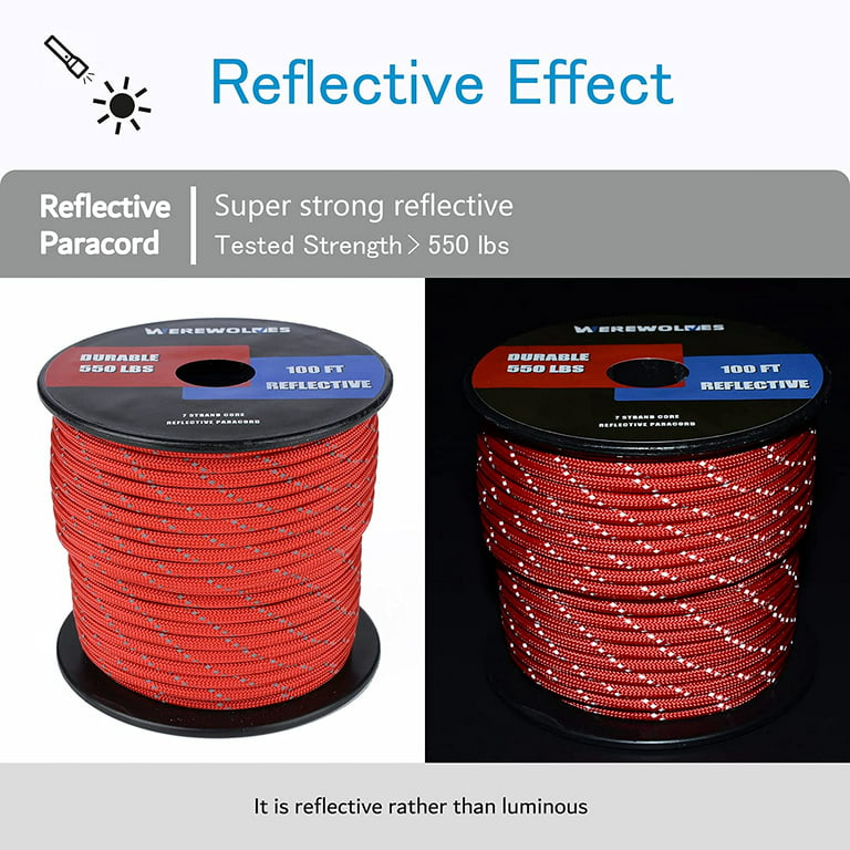 WEREWOLVES Reflective 550 Paracord 100Feet - 100% Nylon , Rope Roller,  Parachute Cord