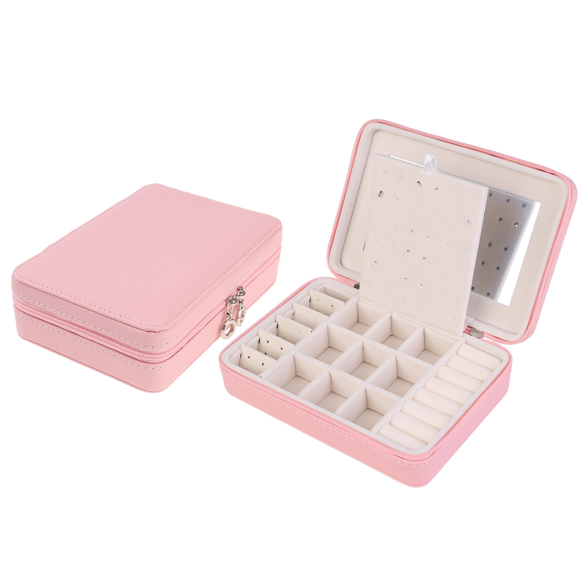Unique Bargains Travel Jewelry Box with Mirror Portable PU Leather Jewelry Organizer Pink