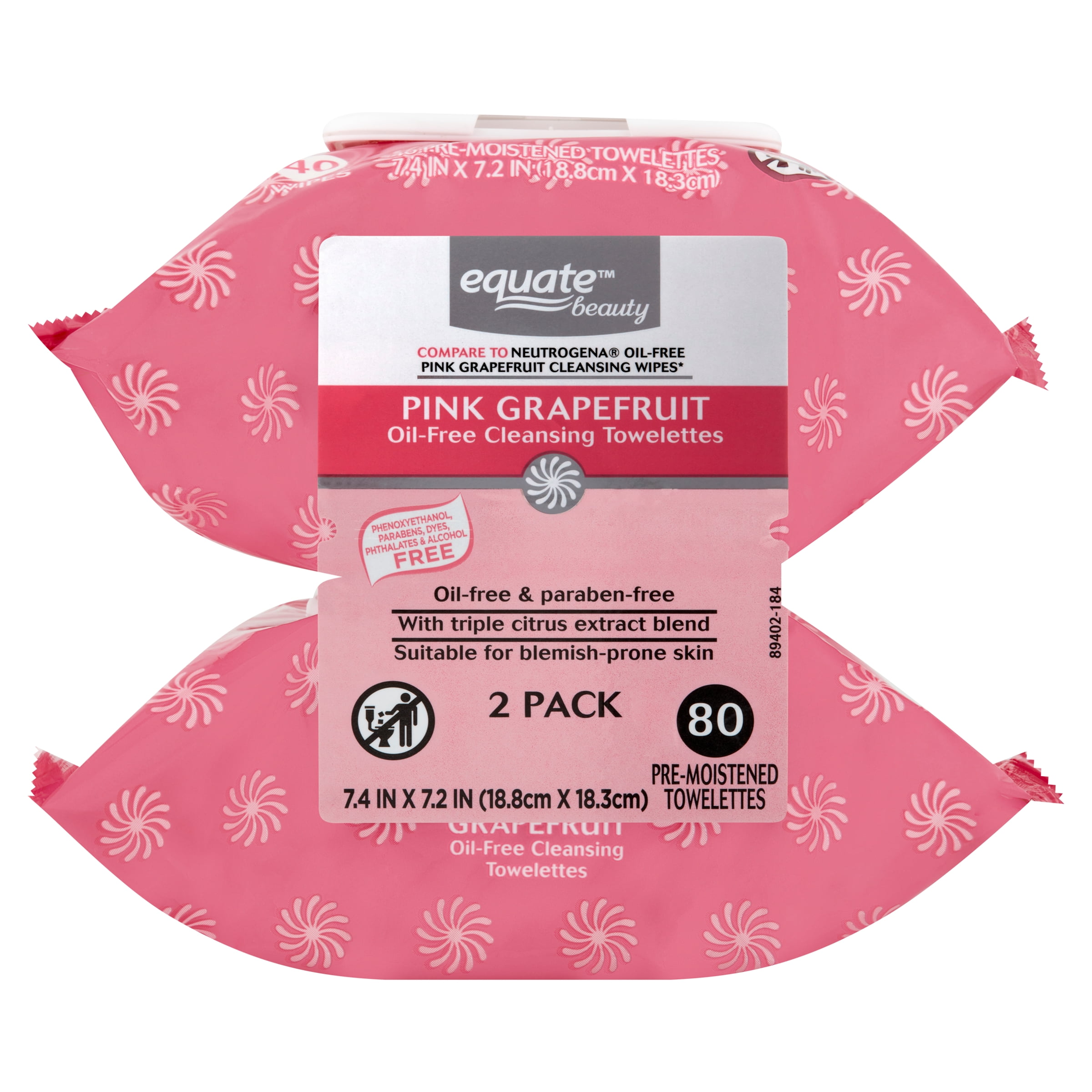 Equate Beauty Pink Grapefruit Oil Free Cleansing Pre-Moistened Towelettes, 40 Count, 2 Pack