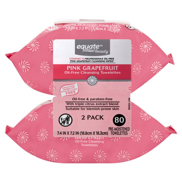Equate Beauty Pink Grapefruit Oil Free Cleansing PreMoistened Towelettes, 40 Count, 2 Pack