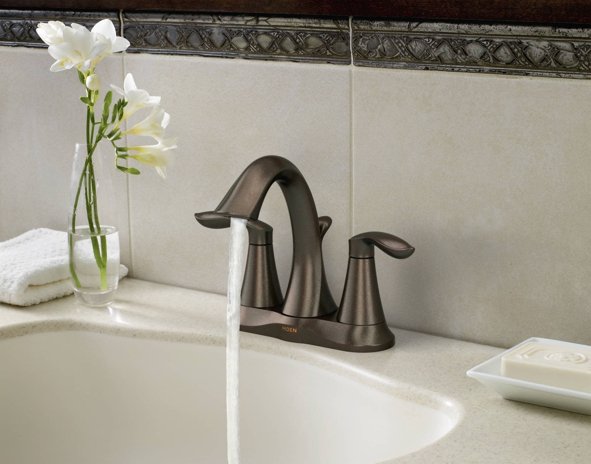 MOEN 6410BN Eva 4 in. Centerset 2-Handle High-Arc Bathroom Faucet in Brushed Nickel