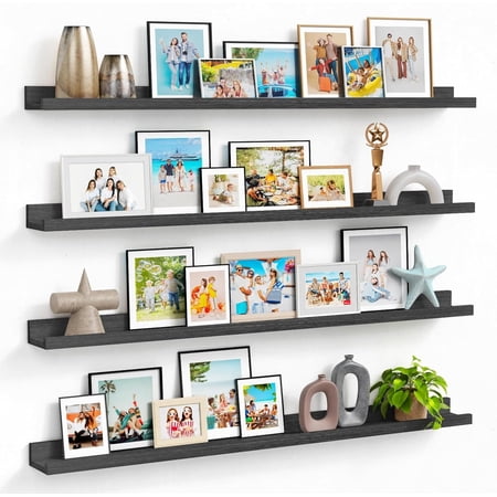 Picture Ledge Shelf 48 Inch Long Set of 4, Black Floating Shelves with Lip for Living Room Wall, Narrow Wall Mounted Display Shelves for Bedroom Photo Frame, Collectibles, Figures, Lego