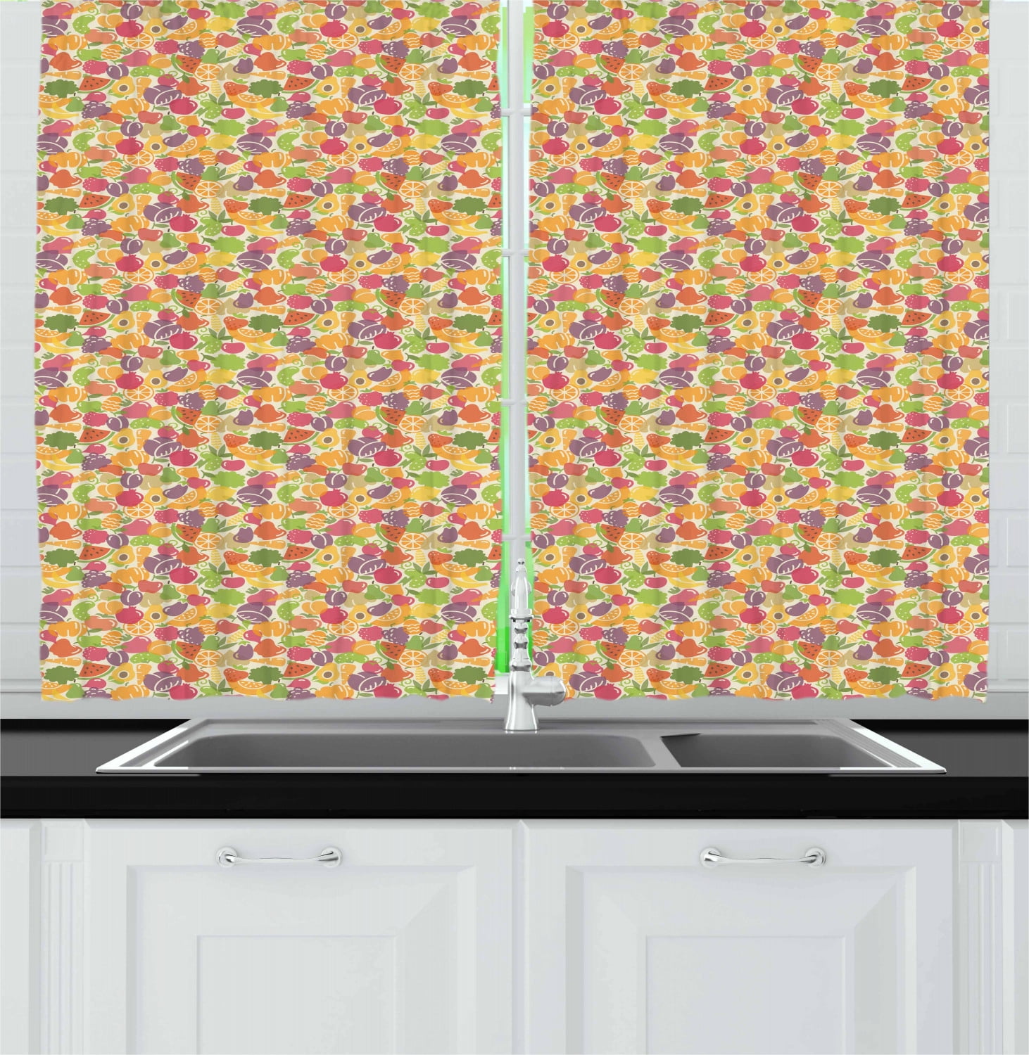Fruits Curtains 2 Panels Set, Colorful Arrangement of Summer Season