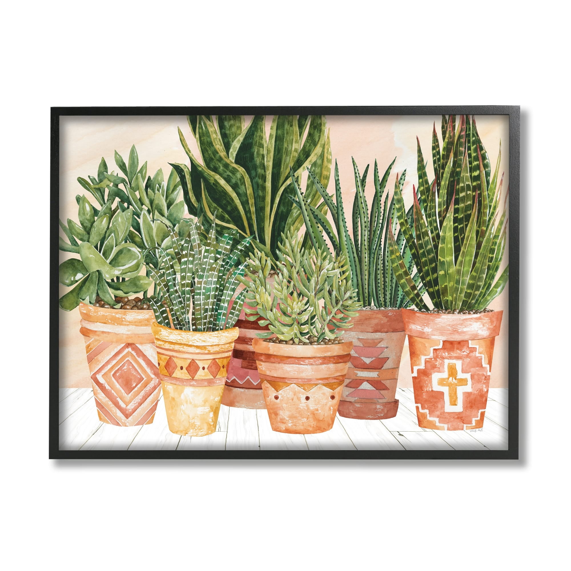 Stupell Industries Indoor Plant Scene Boho Pattern Pots Living Room Graphic Art Gray Framed Art Print Wall Art, 30x24, by Cindy Jacobs