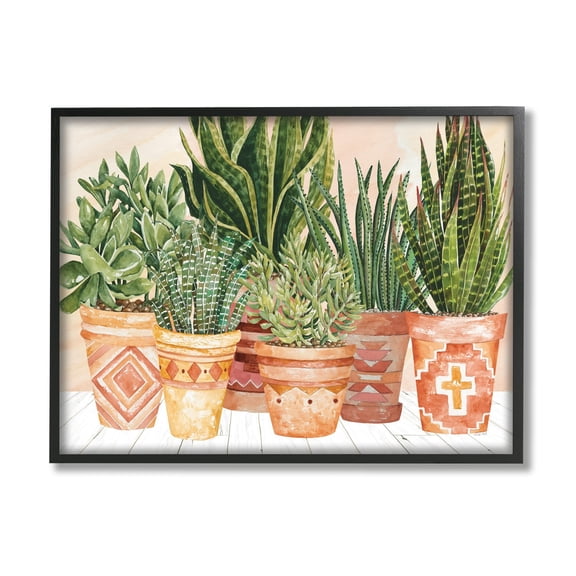 Stupell Industries Indoor Plant Scene Boho Pattern Pots Living Room Graphic Art Black Framed Art Print Wall Art, 14x11, by Cindy Jacobs