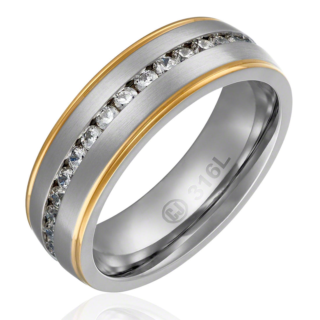 Men's Women's Stainless Steel 7mm Silver Gold Eternity CZ Wedding Band Ring 