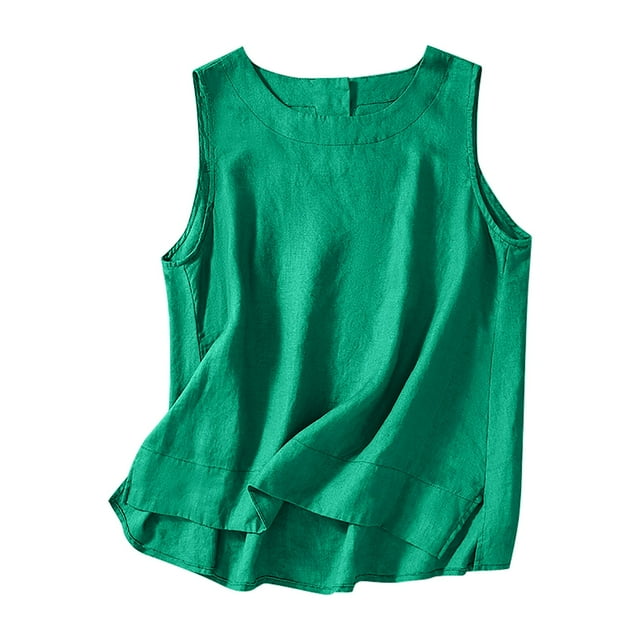 Meichang Débardeurs en Lin pour Femmes 2025 Été Sans Manches Crop Tops Décontractés Col Rond Coupe Ample Débardeurs Basiques Unis Ourlet Fendu sur le Côté