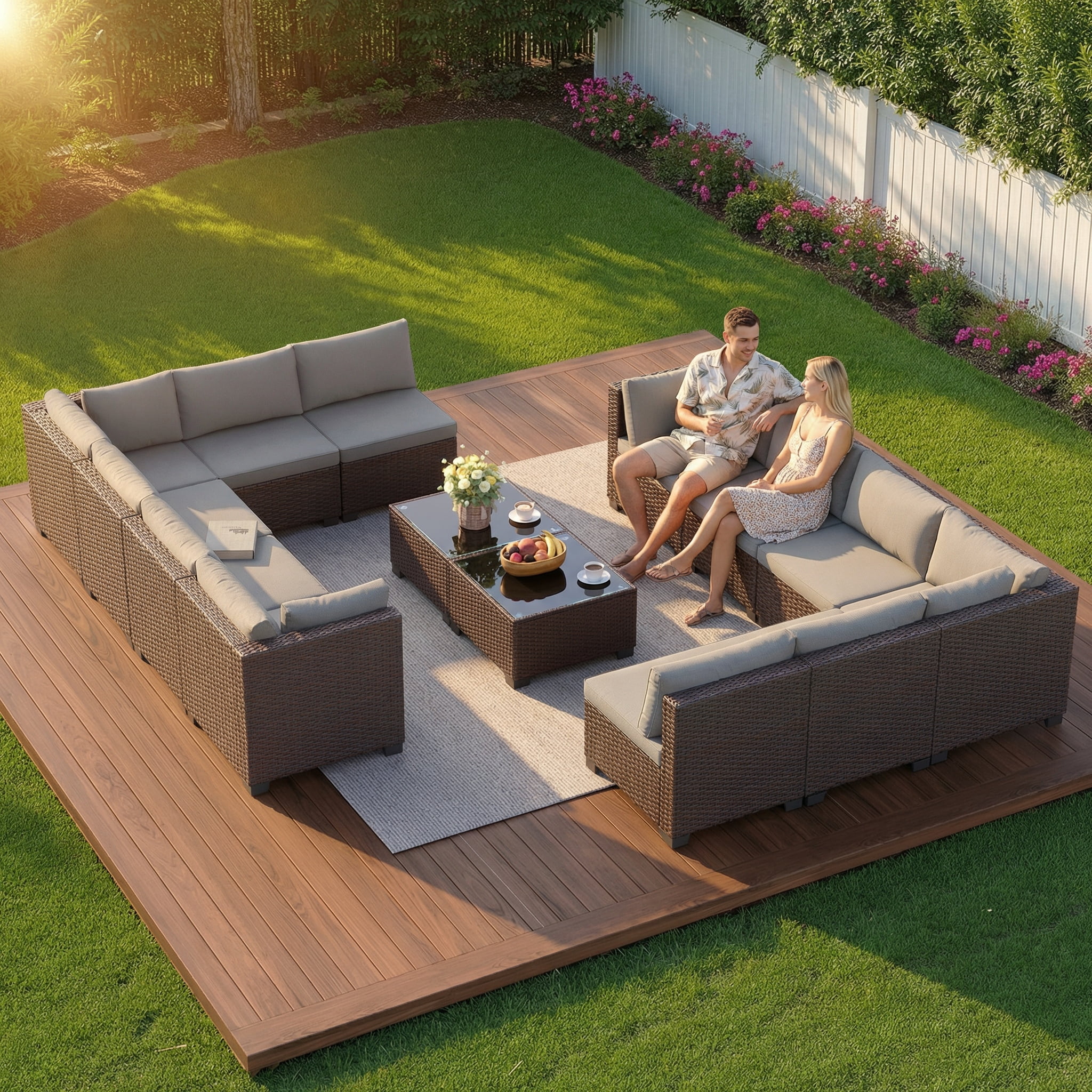 Lofka 14 Pieces Outdoor Patio Furniture Set with Chairs and Tempered Glass Table, Rattan and Metal, Suitable for Backyard, Porch & Poolside, Gray