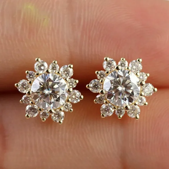 Aishvi Jewels 4 Ct Round Cut Real Moissanite Snowflake Stud Earrings 14K Yellow Gold Plated 925 Sterling Silver