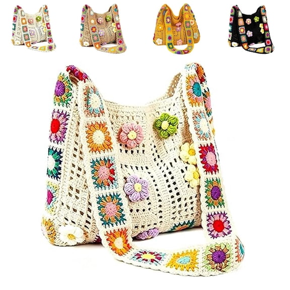 Women’s Crochet Ethnic Shoulder Bag, Flower Knit Tote Purse, Hollow Out Woven Crossbody Handbag for Beach & Travel