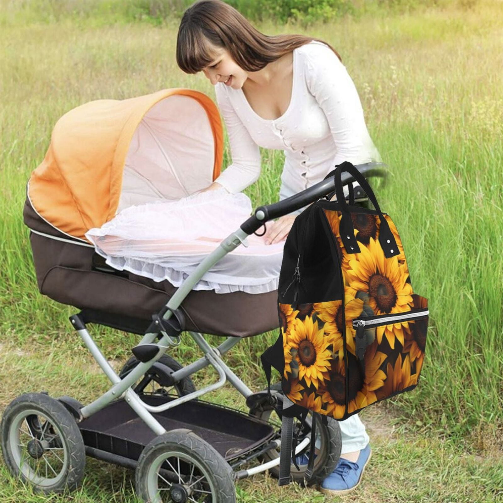 Ratiio Vibrant Sunflower Blooms Mummy Backpack - Waterproof Twill Canvas, Large Capacity Diaper Bag with Multiple Pockets and Adjustable Straps