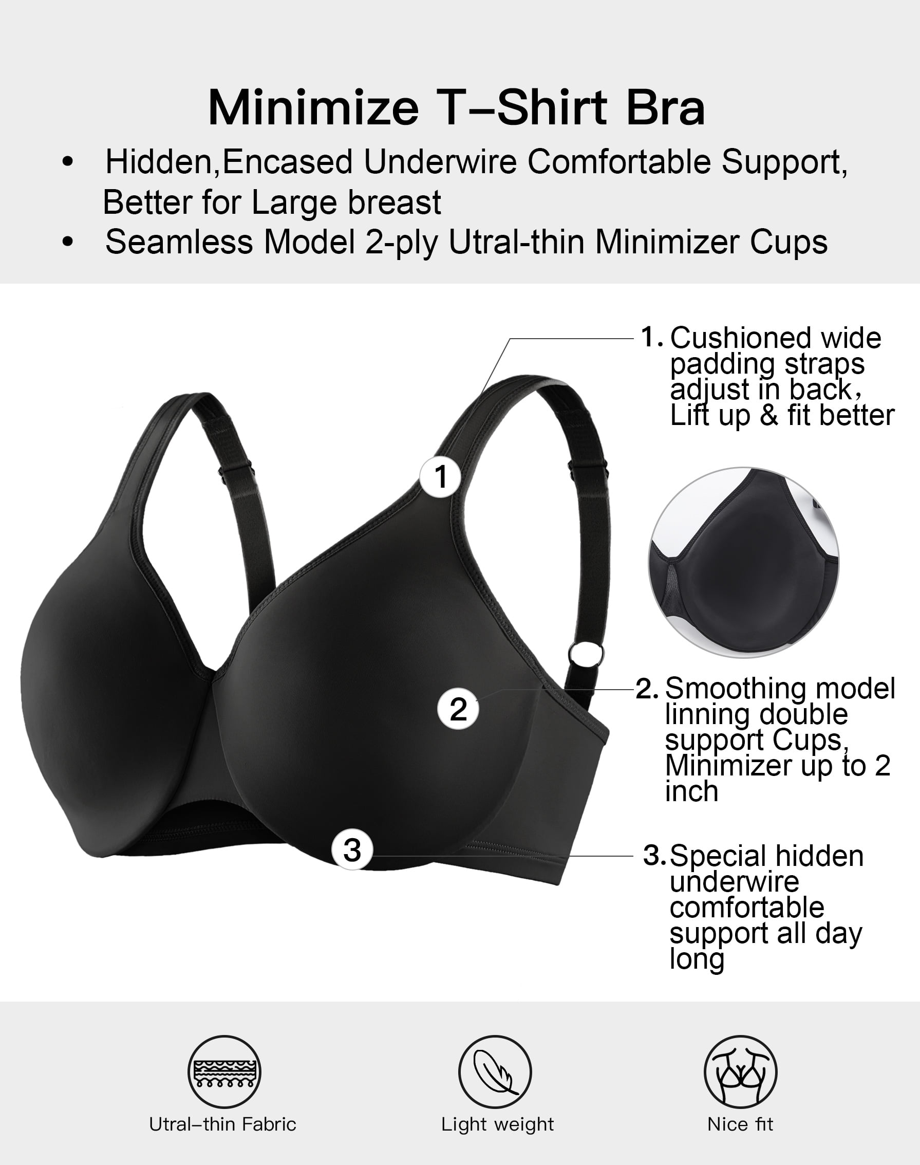 AILIVIN Wire Bras for women Full figure minimizer Smoothing bra seamless  cups non padded T Shirt underwire support comfortable full coverage womens  bras Black 34DDD 34 DDD 