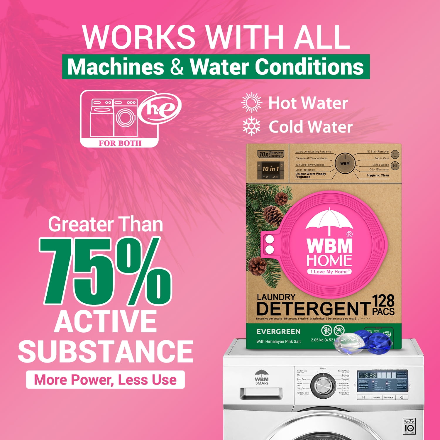 WBM HOME Laundry Detergent Pods, Liquid, Evergreen Scent, Ultra-Concentrated, 128 Count