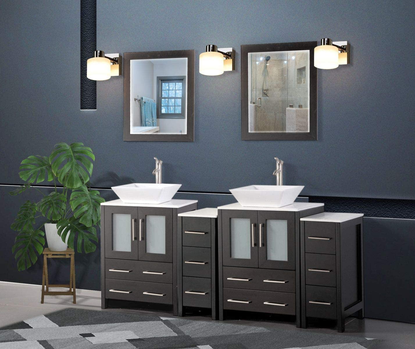 Ceramic Vessel Sink Bathroom Cabinet, 72 Inch White Bathroom Vanity With Quartz Top
