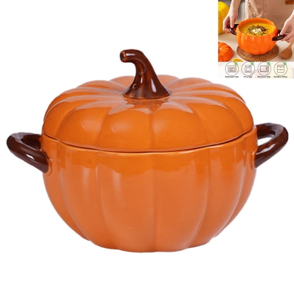 AOKISEN Pumpkin Shaped Ceramic Pot with Lid, Dual Handle Glazed Casserole Bowl, Oven Safe Serving Dish for Thanksgiving Dinner Fall Table Decor