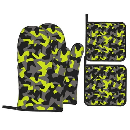 

Oven Mitts and Pot Holders 4 Piece Geometric Green Black Camouflage High Heat Slip Resistant Oven Mitt and Trivets Set Kitchen Oven Glove Pot Holders for Cooking Baking Grilling