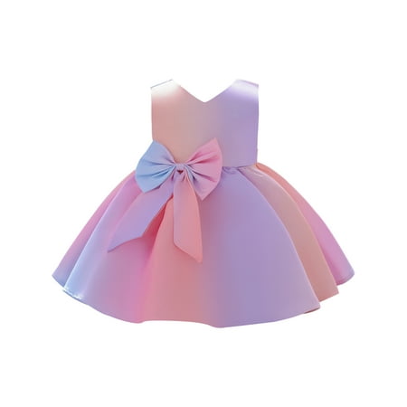 

Girls Satin Princess Dress Splicing Color V-Neck Sleeveless Back Zip-Up Skirt with Bowknot