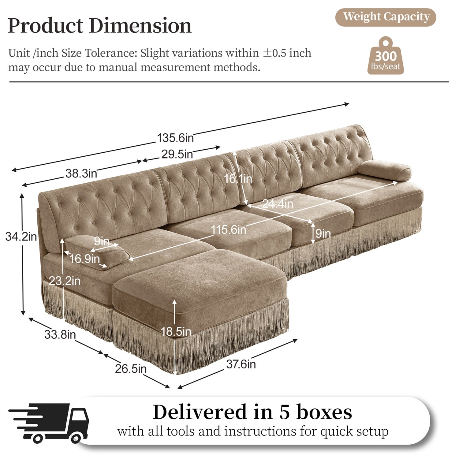 Hommoo 4-Seater Chesterfield Style Velvet Fabric L-Shaped Sectional Sofa, Tufted Button Upholstered Design and Floor-grazing Tassel, Free Combination Sofa Couch Set, for Home, Camel