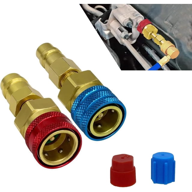2 PCS R1234YF Quick Couplers Kit, to R134A Refrigerant Conversion Adapter, High Low Side Hose Fitting Connector for Car Air Conditioning System AC Charging (Gold) -