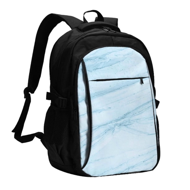 Balery Light Blue Marble Mochila con carga USB para hombre y mujer - Mochila impermeable y antirrobo para laptop con puerto USB para viajes, trabajo