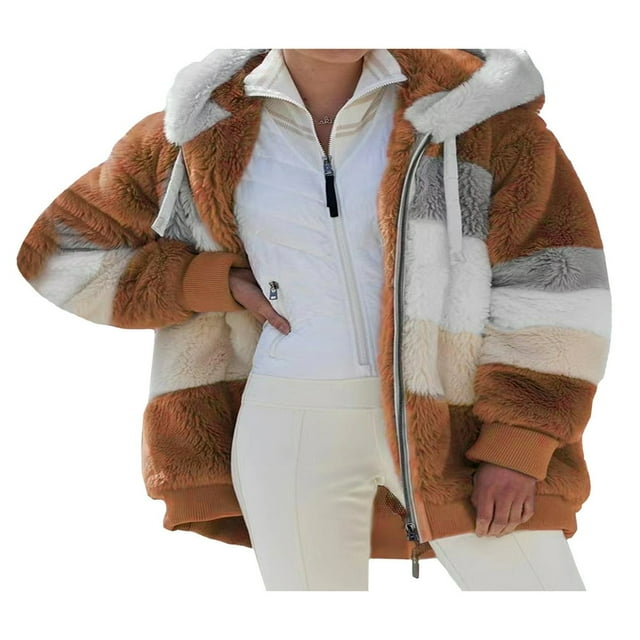 Women Fuzzy Fleece Hooded Coat Open Front Color Block Fluffy Hoodies Jacket Outwear with Pockets