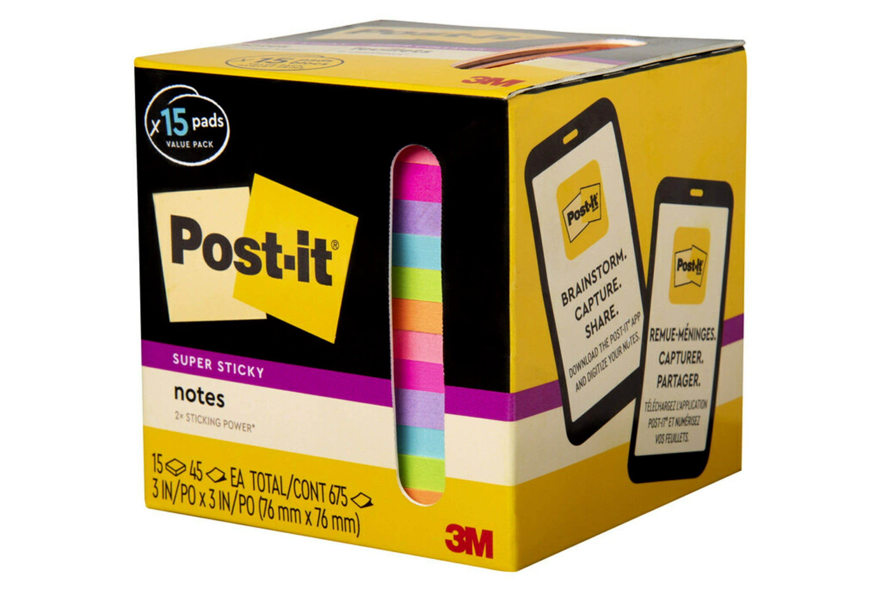 Post-it® Super Sticky Notes, 3 in. x 3 in., Assorted colors, 10