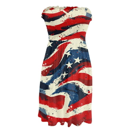 CHCNHAC Sundresses for Women 2025 4th Of July Elegant Dresses Patriotic American Flag Print Flowy Swing Strapless Wedding Guest Dress Red S