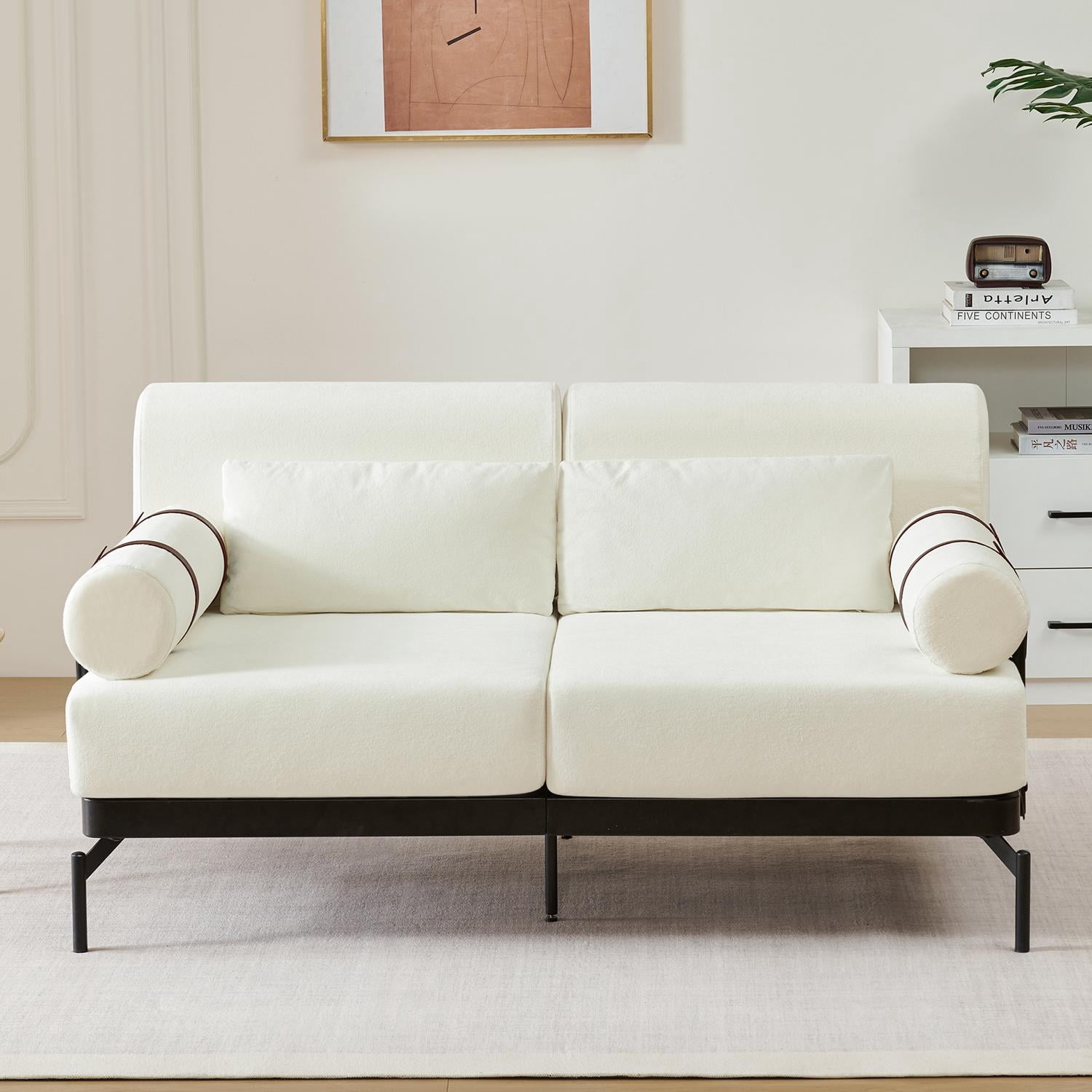 59" Loveseat Sofa with USB Ports,Modern Sofa Couch 2-Seater Sofa with 2 Pillows,Cylindrical Armrests for Living Room Bedroom Apartment,Beige